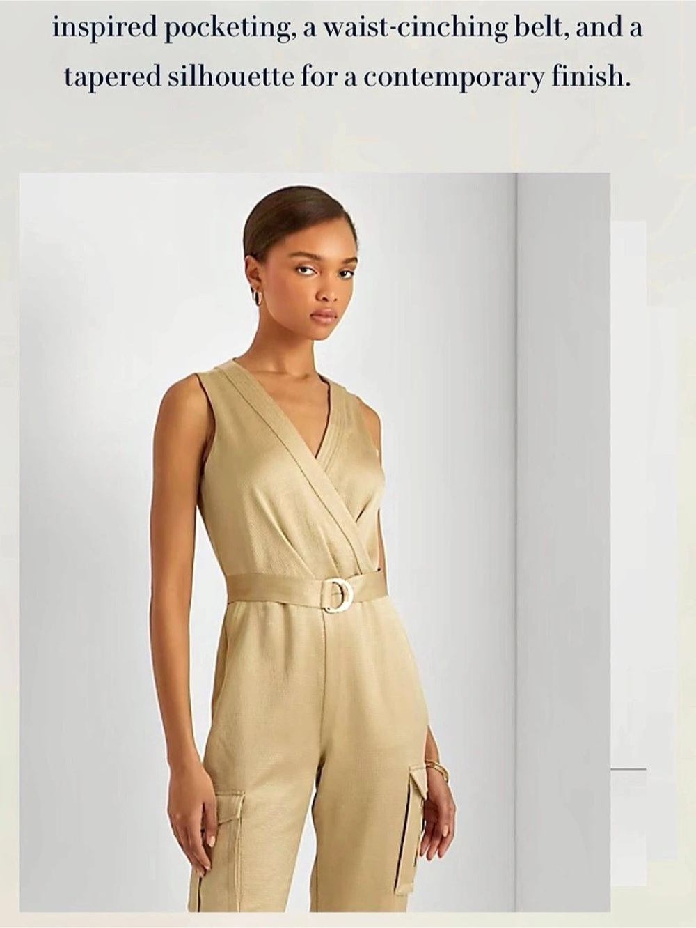 Lauren Satin Sleeveless Jumpsuit Sleeveless Cargo Jumpsuit in Beige NWT